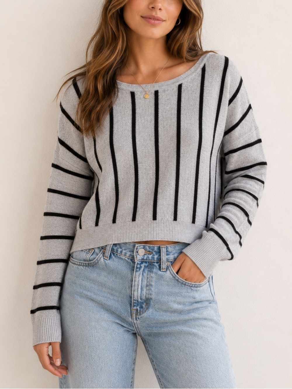 Express XL Gray & Black Striped Knit Sweater Women’s Boat Neck Cropped Pullover
